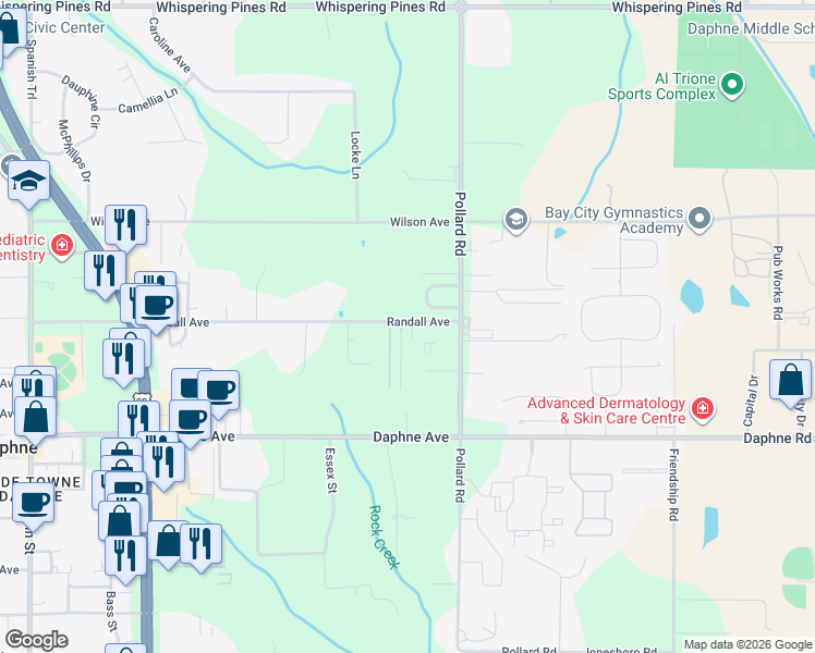 map of restaurants, bars, coffee shops, grocery stores, and more near 26254 Via Del San Francesco in Daphne