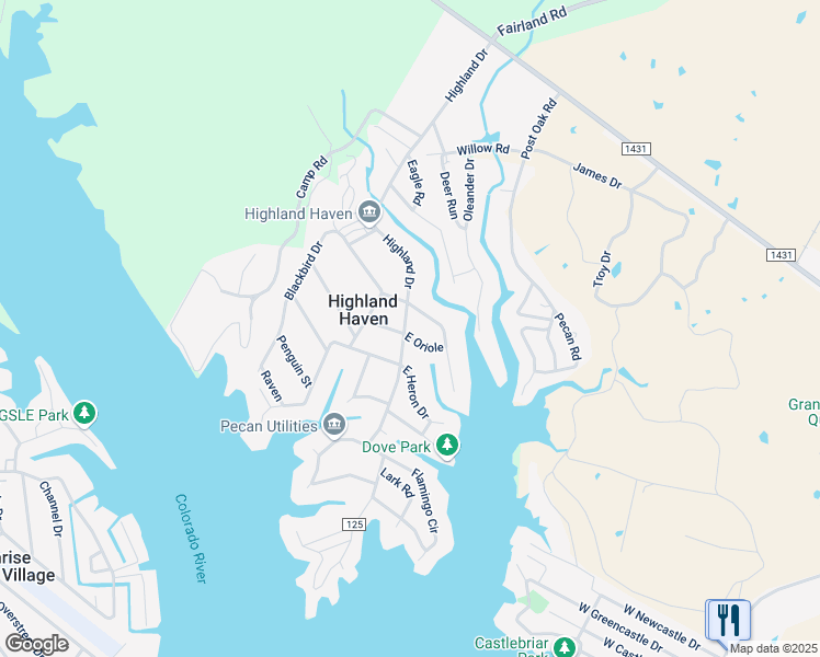map of restaurants, bars, coffee shops, grocery stores, and more near 100 East Oriole in Marble Falls