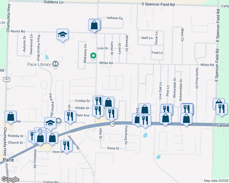 map of restaurants, bars, coffee shops, grocery stores, and more near 4699 Andora Road in Pace