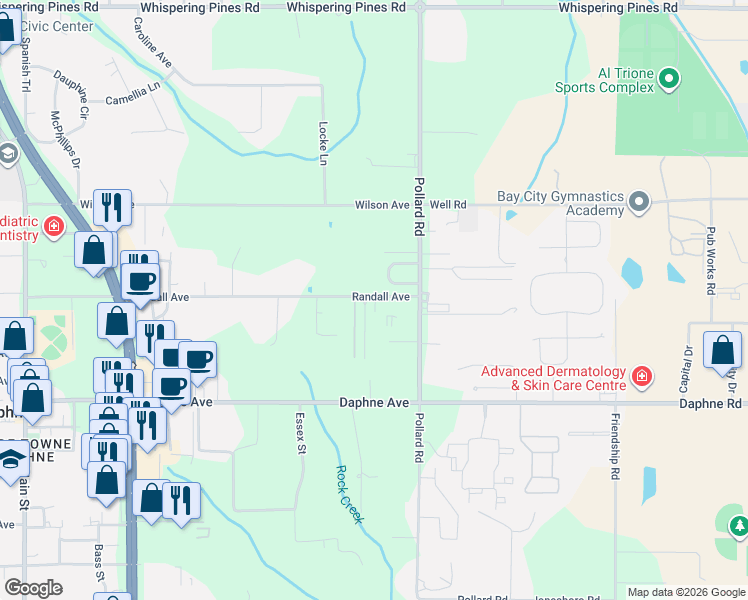 map of restaurants, bars, coffee shops, grocery stores, and more near 26254 Via Del San Francesco in Daphne