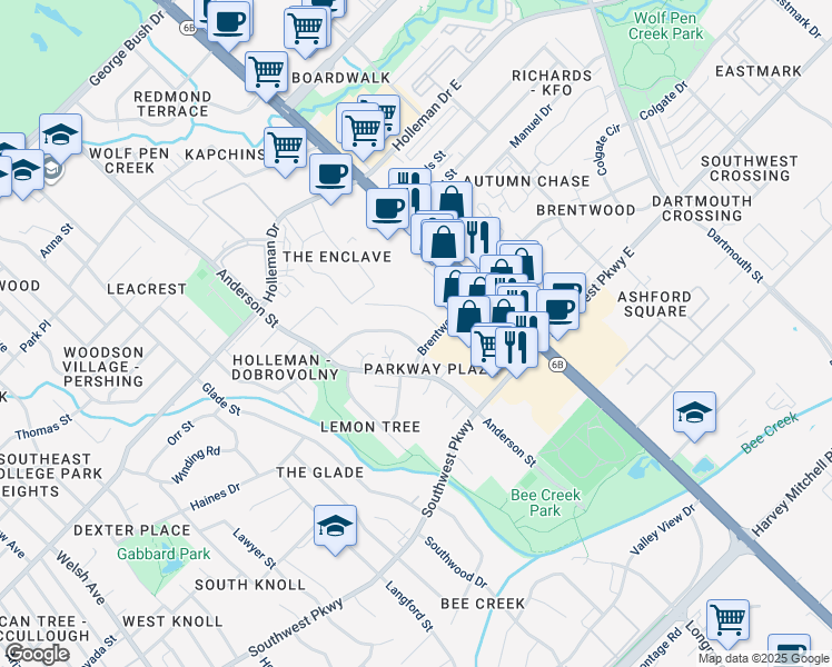 map of restaurants, bars, coffee shops, grocery stores, and more near 1537 Pine Ridge Drive in College Station