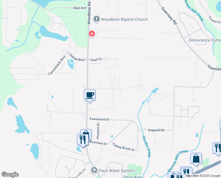 map of restaurants, bars, coffee shops, grocery stores, and more near 4628 Garllum Road in Pace