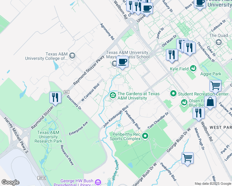 map of restaurants, bars, coffee shops, grocery stores, and more near 400 Bizzell Street in College Station