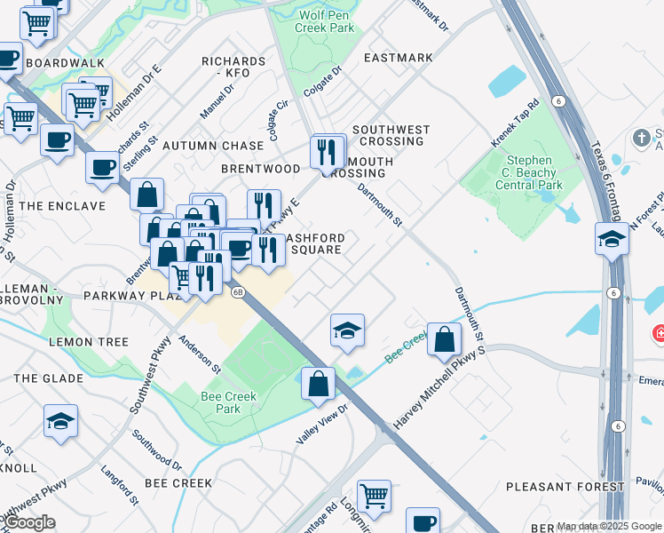 map of restaurants, bars, coffee shops, grocery stores, and more near 201 Krenek Tap Road in College Station