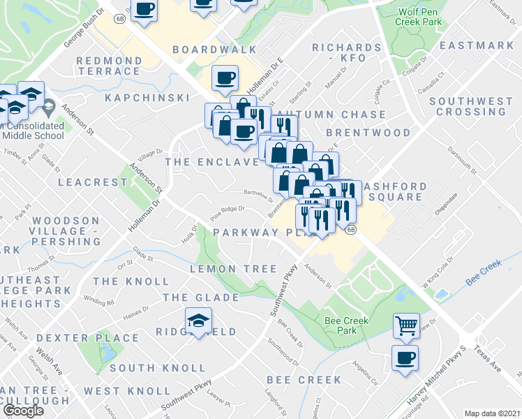 map of restaurants, bars, coffee shops, grocery stores, and more near 1537 Pine Ridge Drive in College Station