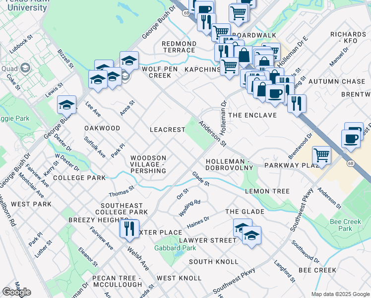 map of restaurants, bars, coffee shops, grocery stores, and more near 1003 Holik Drive in College Station