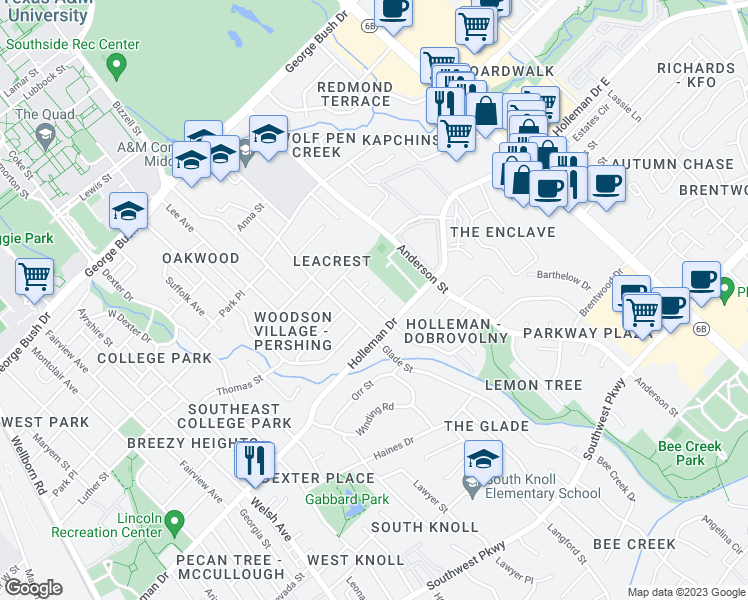 map of restaurants, bars, coffee shops, grocery stores, and more near 1003 Holik Drive in College Station
