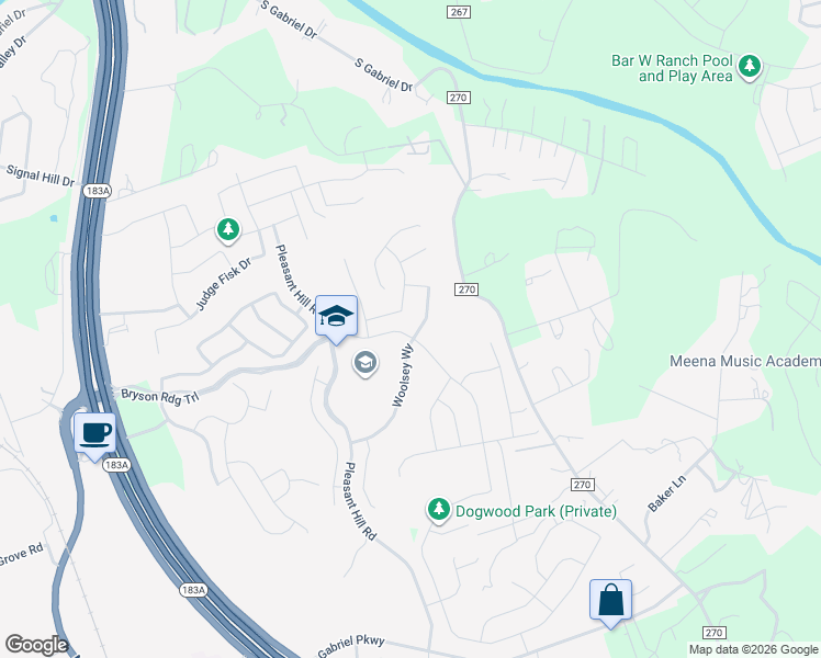 map of restaurants, bars, coffee shops, grocery stores, and more near 1901 Woolsey Way in Liberty Hill