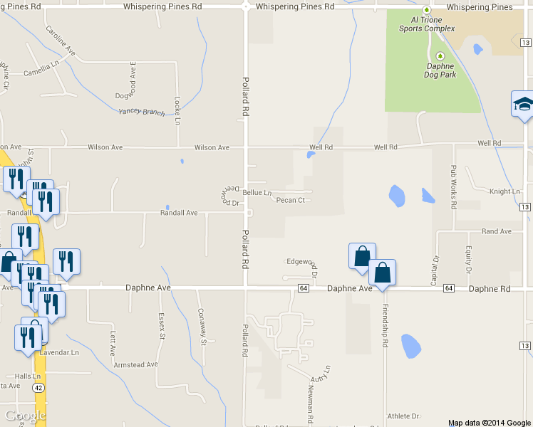 map of restaurants, bars, coffee shops, grocery stores, and more near 26258 Pollard Rd in Daphne