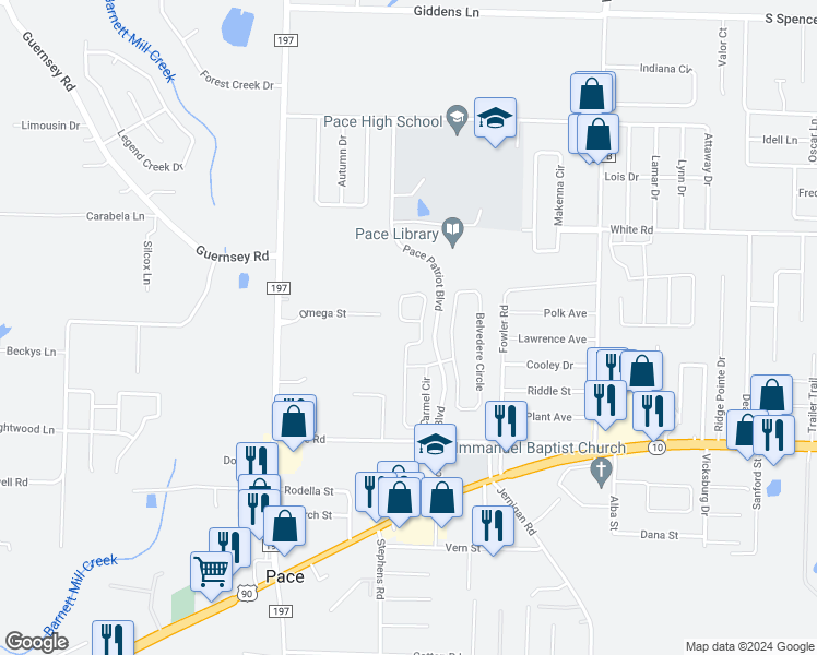 map of restaurants, bars, coffee shops, grocery stores, and more near 4884 Hilarita Circle in Pace