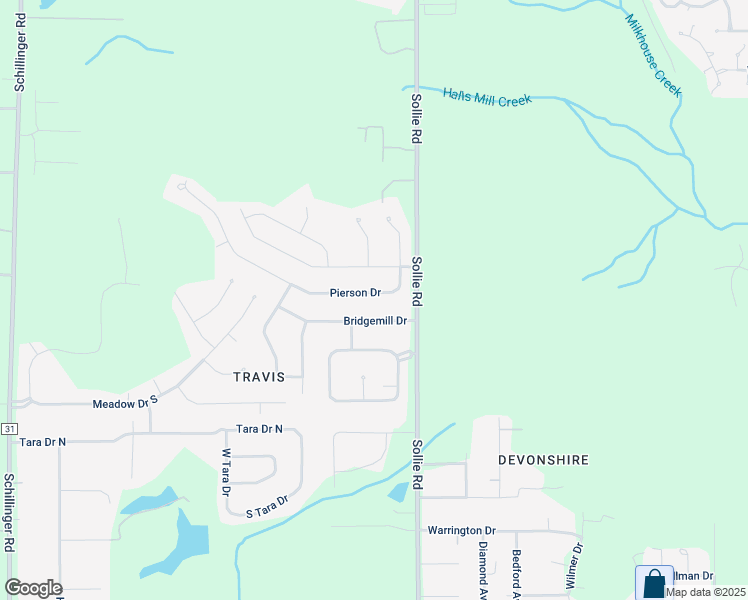 map of restaurants, bars, coffee shops, grocery stores, and more near 7154 Bridgemill Drive in Mobile