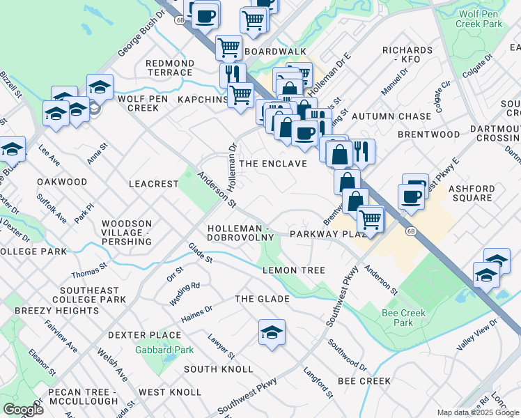 map of restaurants, bars, coffee shops, grocery stores, and more near 1115 Anderson Street in College Station