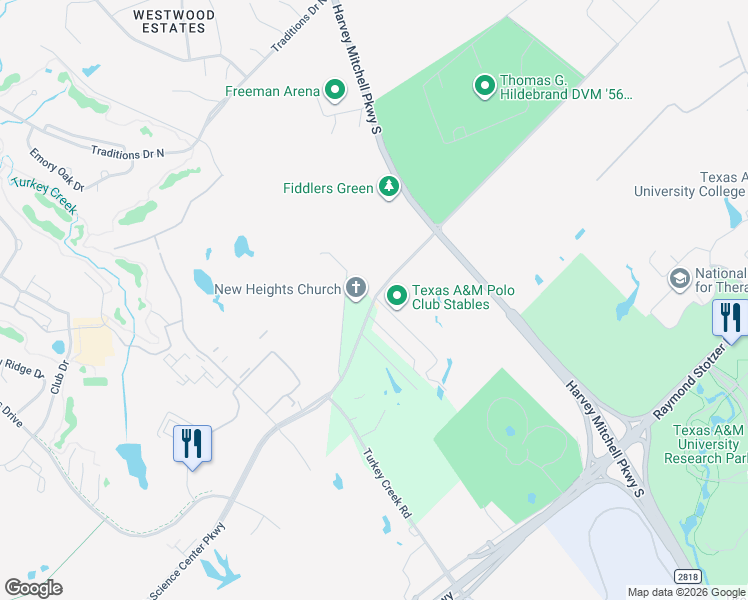 map of restaurants, bars, coffee shops, grocery stores, and more near 3900 F and B Road in College Station