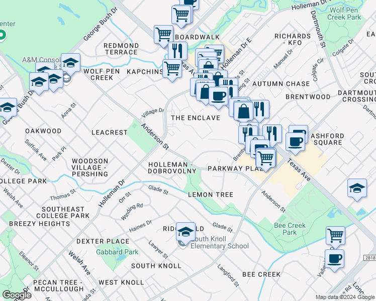 map of restaurants, bars, coffee shops, grocery stores, and more near 1115 Anderson Street in College Station