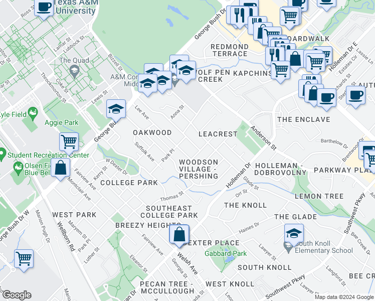 map of restaurants, bars, coffee shops, grocery stores, and more near 703 Lee Avenue in College Station