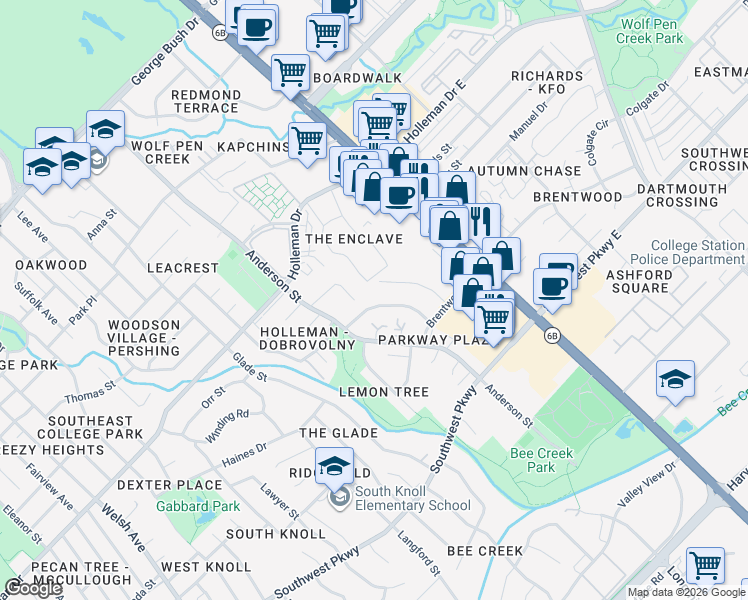 map of restaurants, bars, coffee shops, grocery stores, and more near 1508 Pine Ridge Drive in College Station