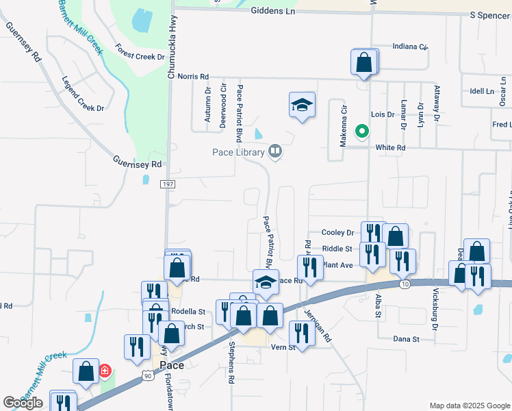 map of restaurants, bars, coffee shops, grocery stores, and more near 4697 Hilarita Circle in Pace