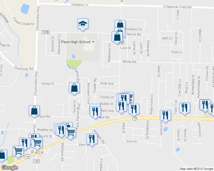 map of restaurants, bars, coffee shops, grocery stores, and more near 4121 Polk Avenue in Pace