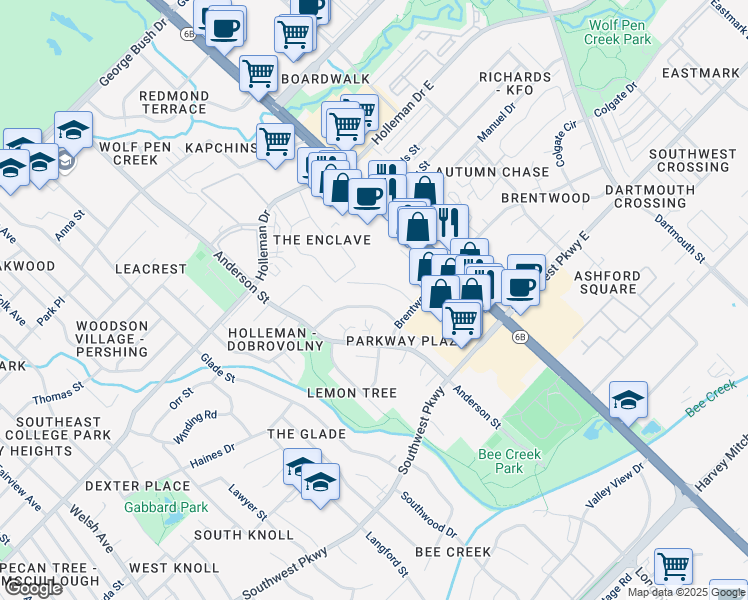 map of restaurants, bars, coffee shops, grocery stores, and more near 1520 Pine Ridge Drive in College Station
