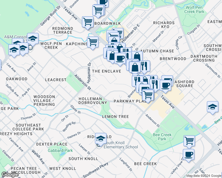 map of restaurants, bars, coffee shops, grocery stores, and more near 1508 Pine Ridge Drive in College Station