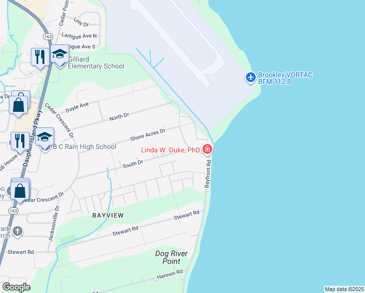 map of restaurants, bars, coffee shops, grocery stores, and more near 3074 Baycrescent Drive in Mobile