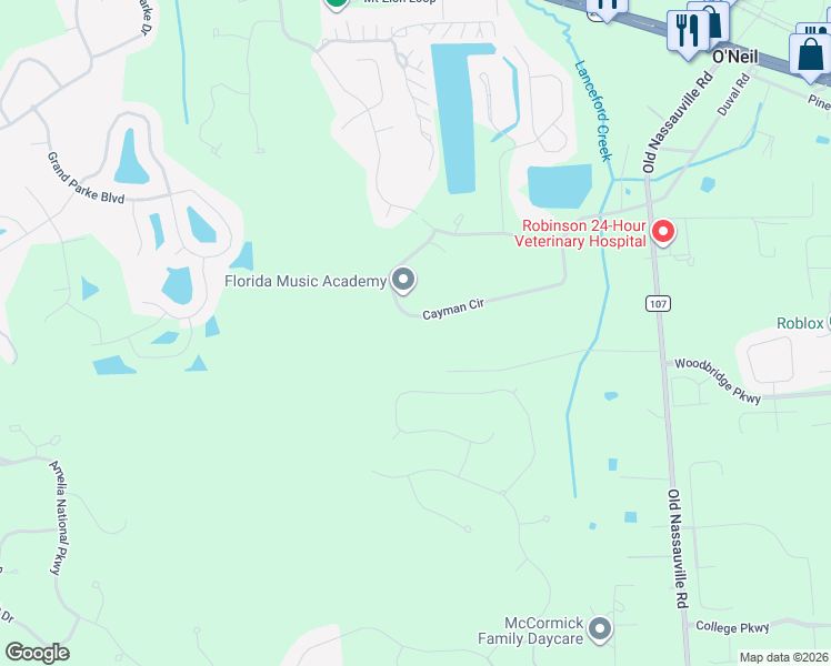map of restaurants, bars, coffee shops, grocery stores, and more near 96276 Cayman Cir in Fernandina Beach