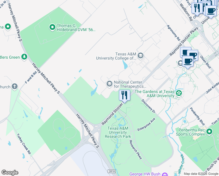 map of restaurants, bars, coffee shops, grocery stores, and more near 100 Discovery Drive in College Station