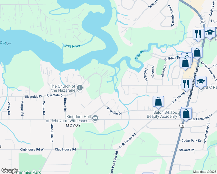 map of restaurants, bars, coffee shops, grocery stores, and more near 2101 Allen Court in Mobile