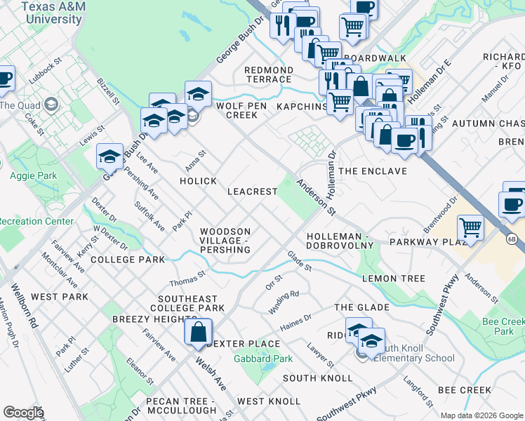 map of restaurants, bars, coffee shops, grocery stores, and more near 1205 Goode Drive in College Station