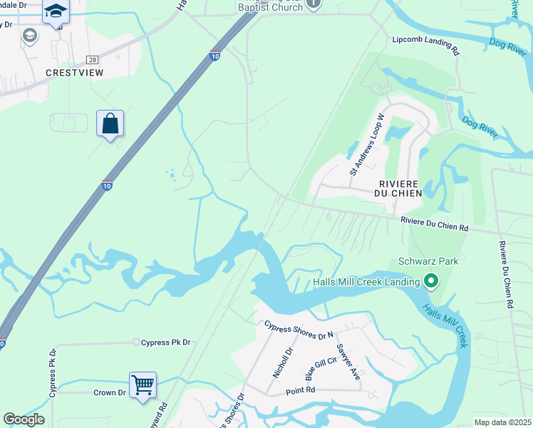 map of restaurants, bars, coffee shops, grocery stores, and more near 3869 Riviere Du Chien Road in Mobile