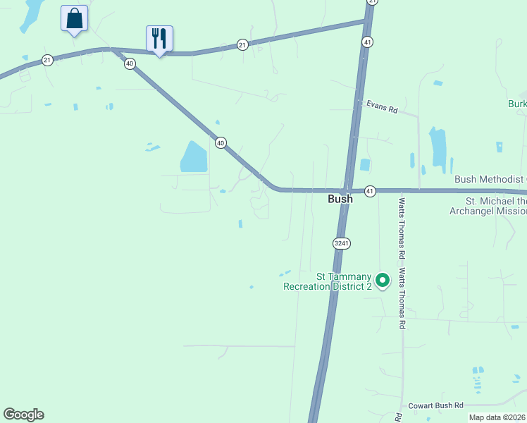 map of restaurants, bars, coffee shops, grocery stores, and more near 29538 Louisiana 40 in Bush
