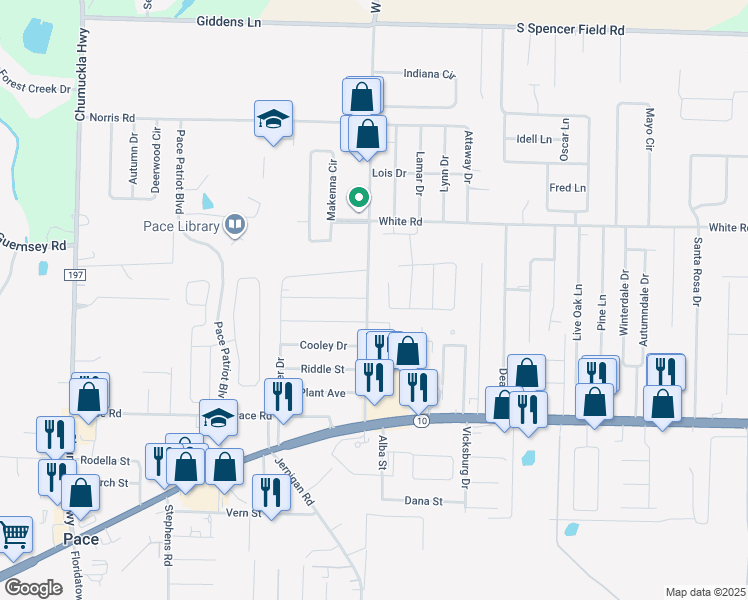 map of restaurants, bars, coffee shops, grocery stores, and more near 4700 West Spencer Field Road in Pace