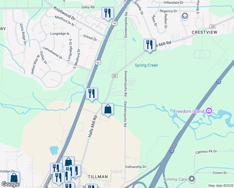 map of restaurants, bars, coffee shops, grocery stores, and more near 5121 Halls Mill Road in Mobile