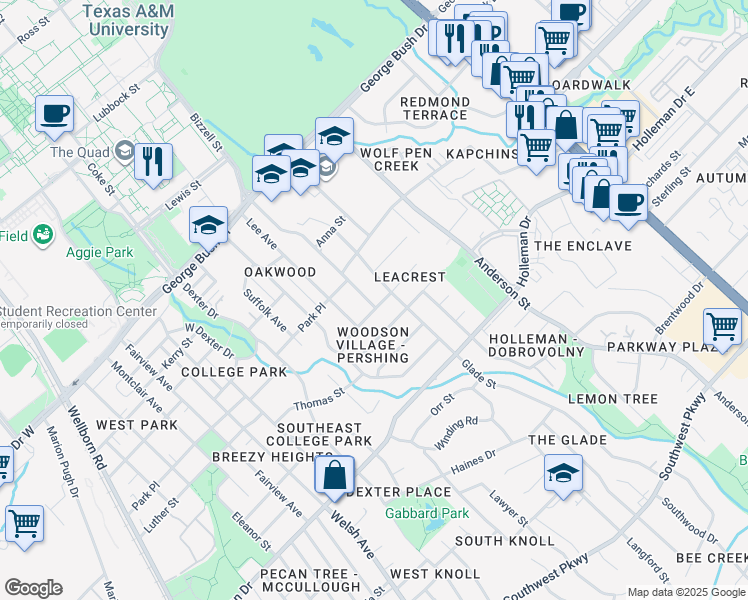 map of restaurants, bars, coffee shops, grocery stores, and more near 1107 Village Drive in College Station
