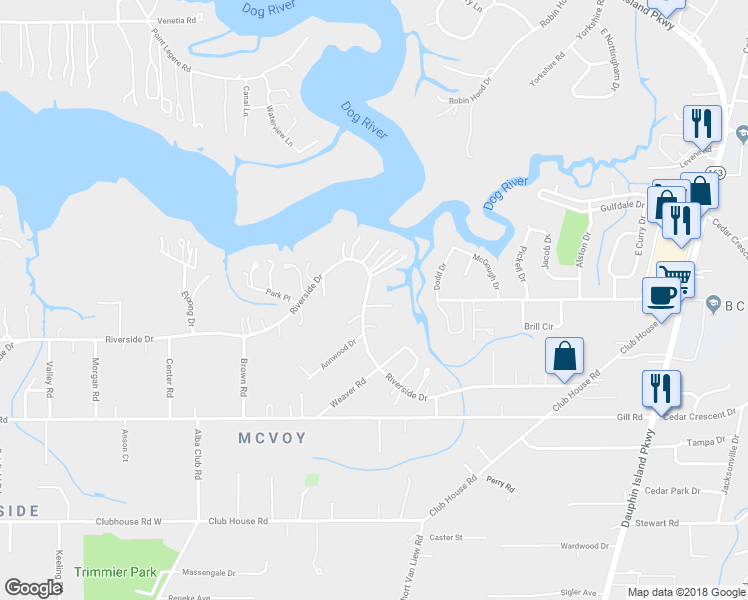 map of restaurants, bars, coffee shops, grocery stores, and more near 2160 Allen Court in Mobile