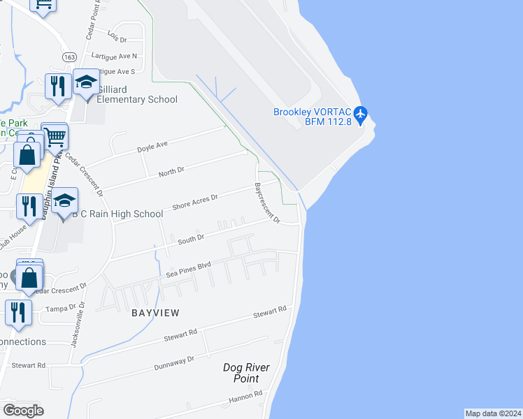 map of restaurants, bars, coffee shops, grocery stores, and more near 3070 Baycrescent Drive in Mobile