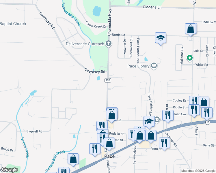 map of restaurants, bars, coffee shops, grocery stores, and more near 4763 Chumuckla Highway in Pace