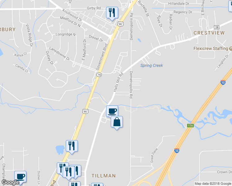 map of restaurants, bars, coffee shops, grocery stores, and more near 5121 Halls Mill Road in Mobile