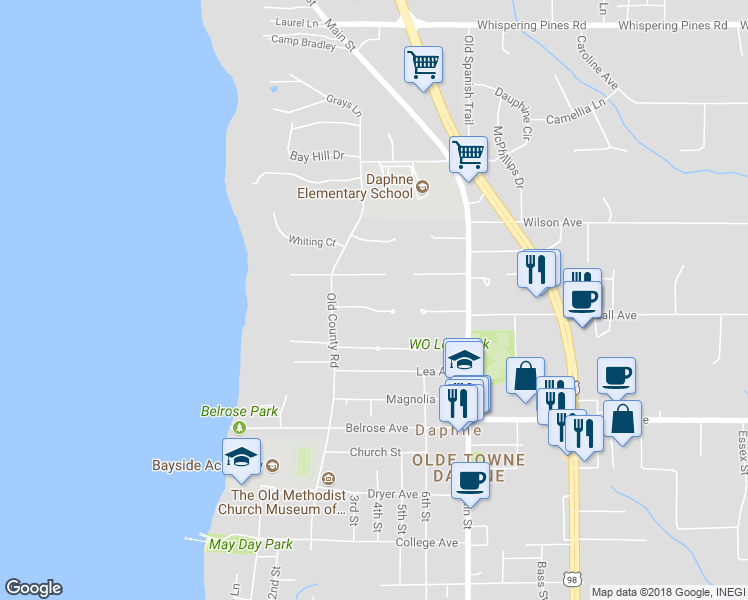 map of restaurants, bars, coffee shops, grocery stores, and more near 509 Polo Trace in Daphne