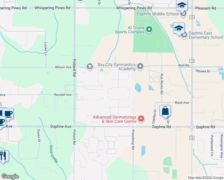 map of restaurants, bars, coffee shops, grocery stores, and more near 8174 Irwin Loop in Daphne