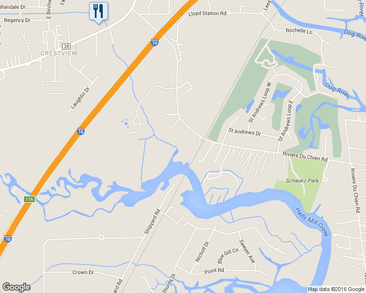 map of restaurants, bars, coffee shops, grocery stores, and more near 4031 Riviere Du Chien Road in Mobile