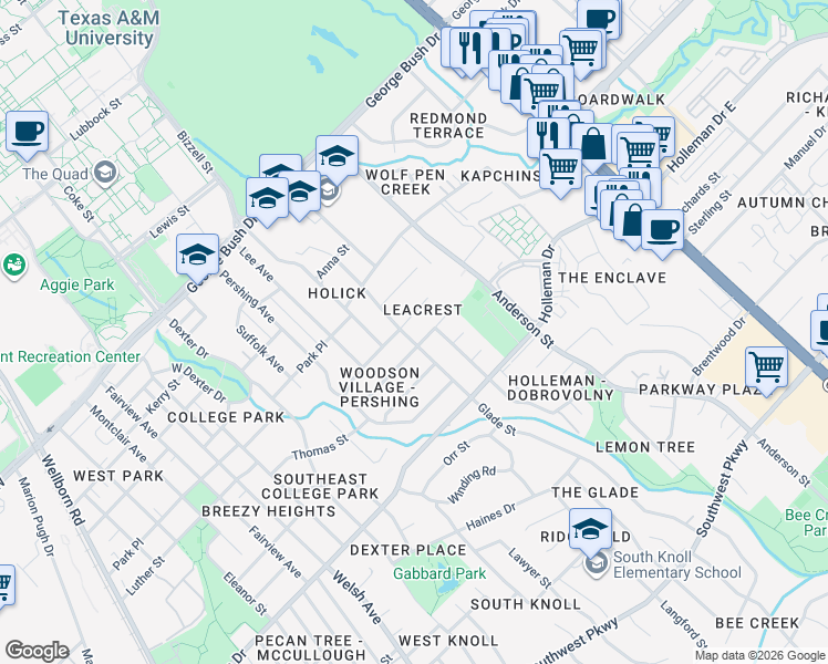 map of restaurants, bars, coffee shops, grocery stores, and more near 1308 Timm Drive in College Station
