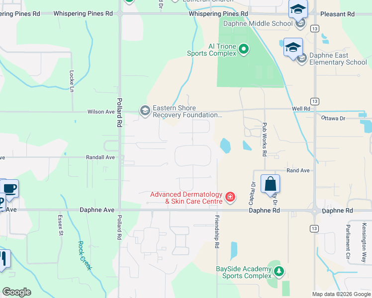map of restaurants, bars, coffee shops, grocery stores, and more near 8174 Irwin Loop in Daphne