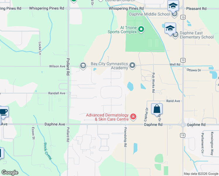 map of restaurants, bars, coffee shops, grocery stores, and more near 8139 Irwin Loop in Daphne