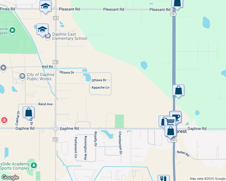 map of restaurants, bars, coffee shops, grocery stores, and more near 9399 Ottawa Drive in Daphne