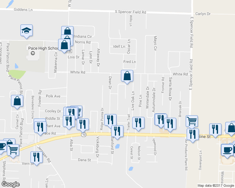 map of restaurants, bars, coffee shops, grocery stores, and more near 4362 Cluster Lane in Pace