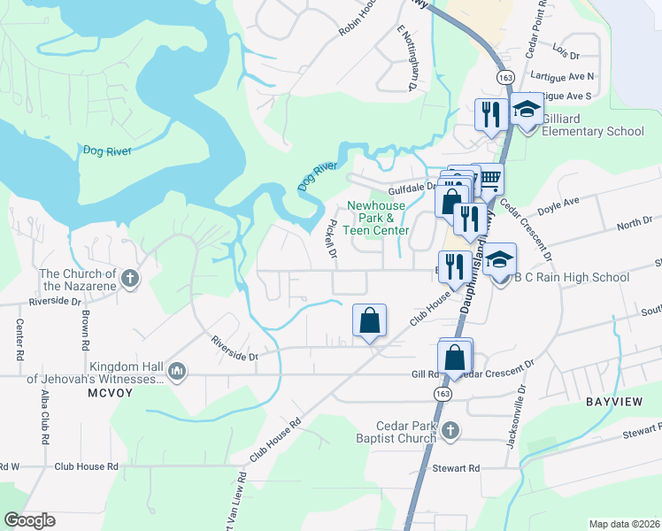 map of restaurants, bars, coffee shops, grocery stores, and more near 3055 Pickell Drive in Mobile