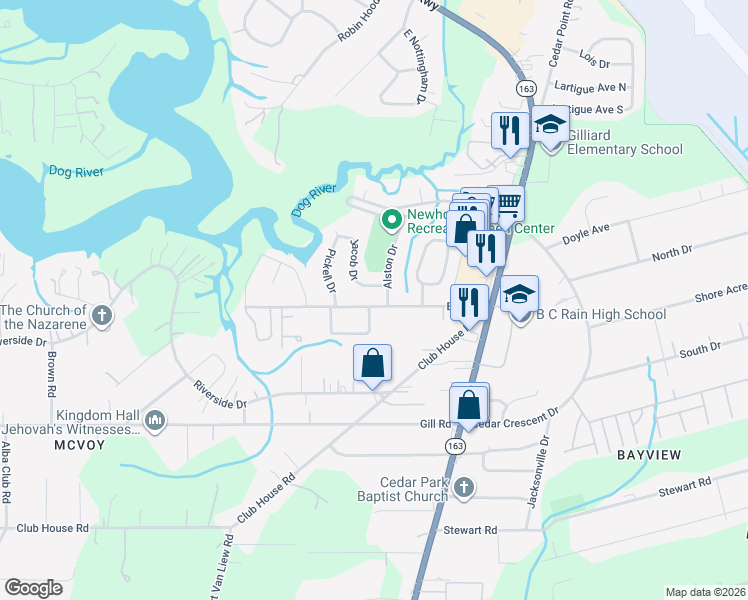 map of restaurants, bars, coffee shops, grocery stores, and more near 1809 Jacob Drive in Mobile