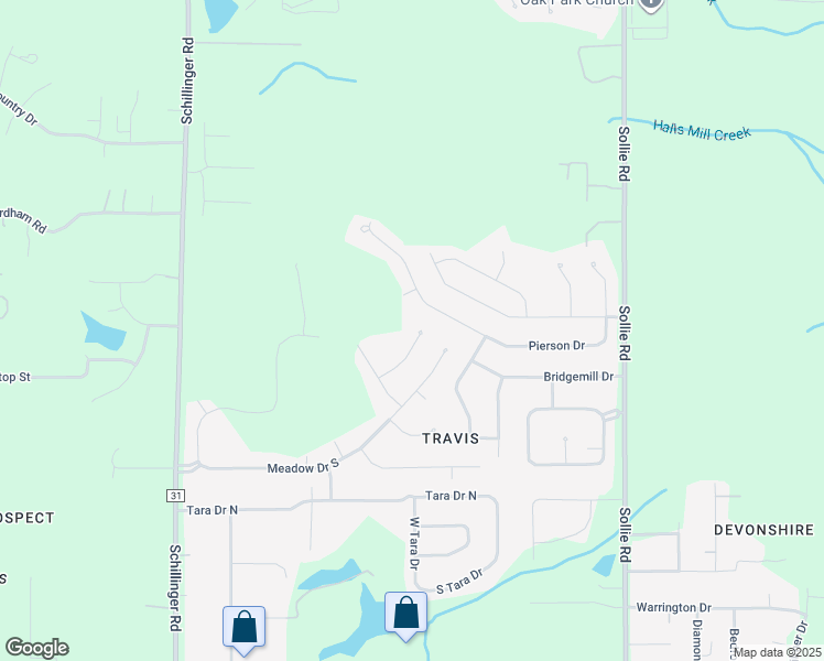 map of restaurants, bars, coffee shops, grocery stores, and more near 7396 Meadow Run Court in Mobile