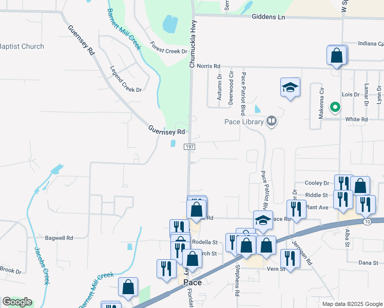 map of restaurants, bars, coffee shops, grocery stores, and more near 3920 Omega Street in Pace